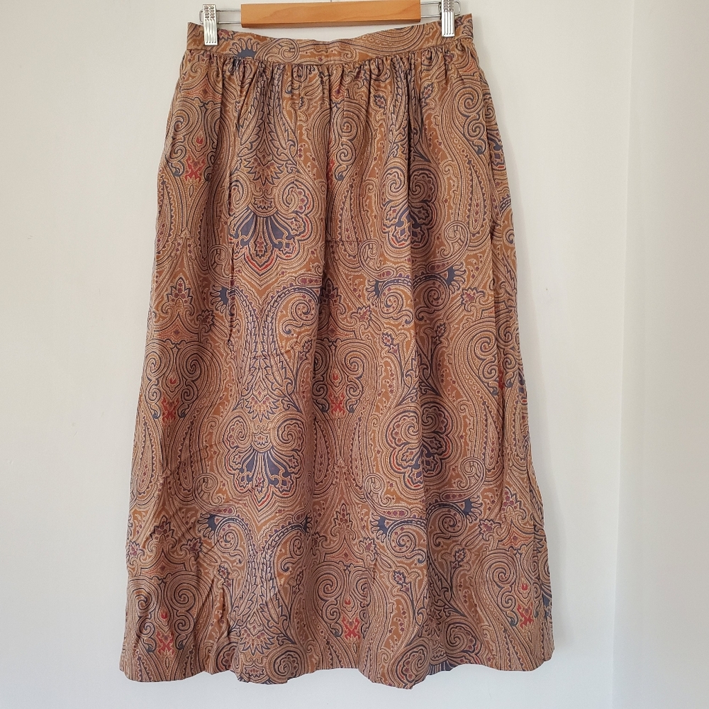 Vintage MARK HENRI 12 Neutral Paisley Woven Silk(?) Midi Skirt Lined 80s Modest